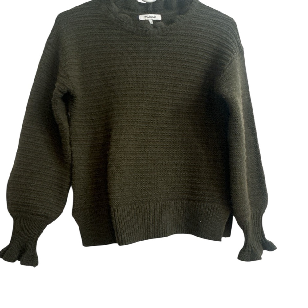 Madewell olive ruffle knit sweater cotton merino wool cozy XXS casual chic party
